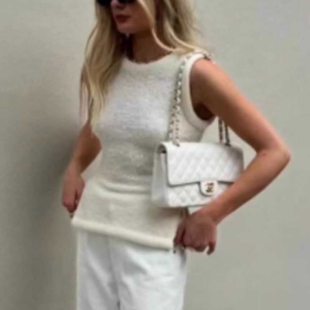 STAUD Neutral Cream Textured Sleeveless Crew Neck Sweater - Picture 4 of 8